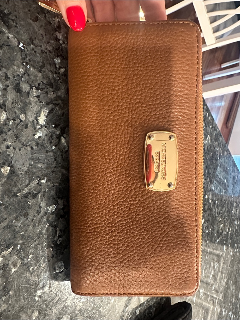 Michael Kors Tan/Brown Pebbled Leather Zip-Around Wallet with Gold Plaque